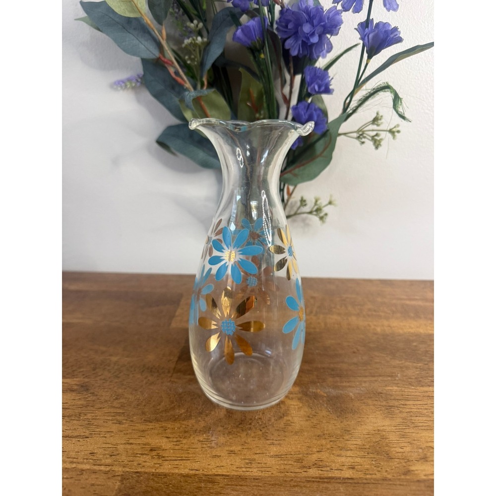Vintage Glass‎ Vase Blue Gold Daisy Floral Retro Flower Power MCM Decor Bud Vase